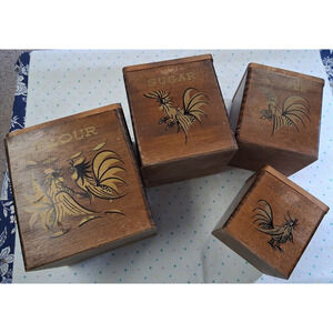 Tilso Japan Fighting Roosters Wood Nesting Canister Set of 4-Vintage Pre-Owned